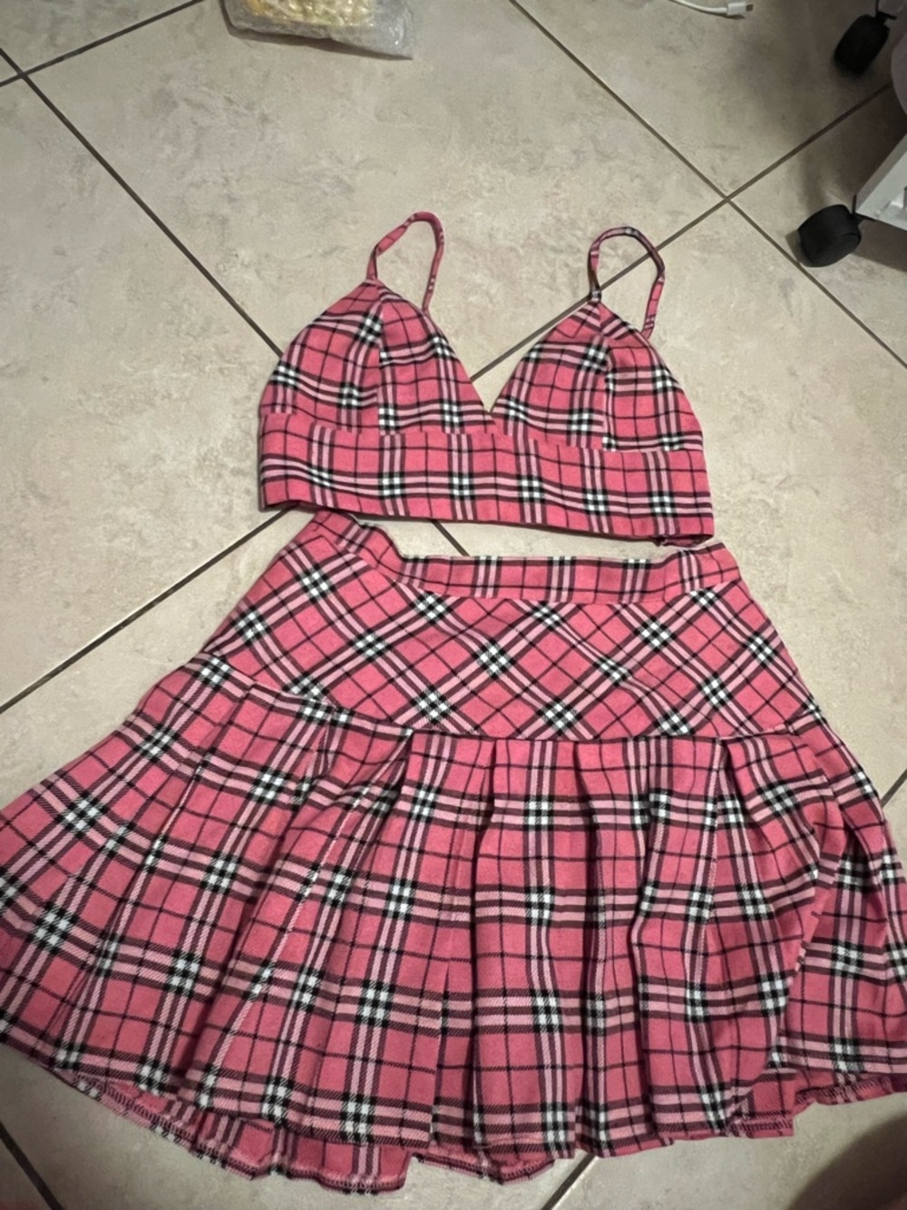 Ouchhh Y2K Pink Plaid Bralette & Pleated Mini Skirt Set